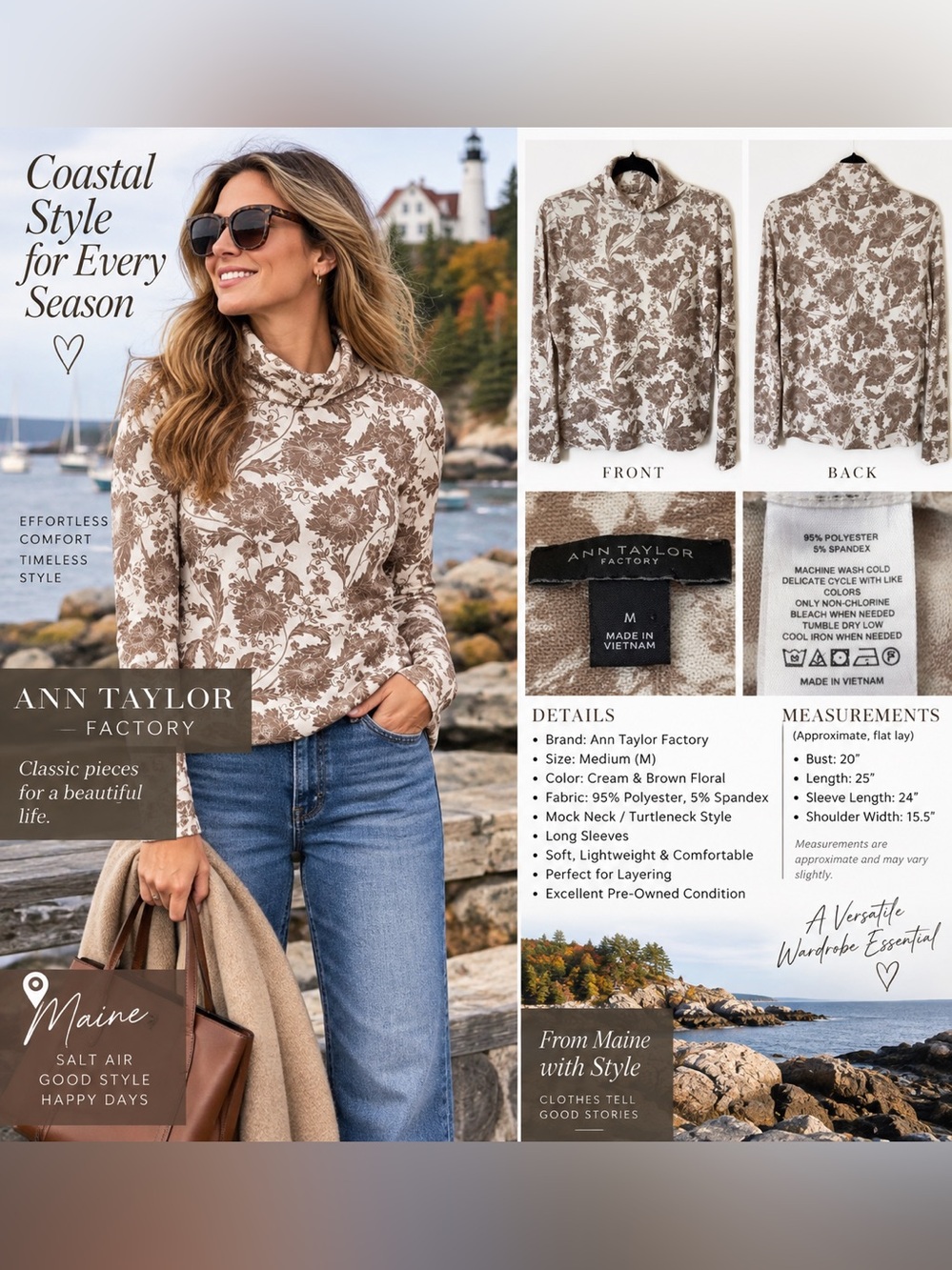 Ann Taylor Factory Cream and Brown Floral Turtleneck Sweater Medium